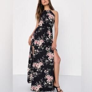 NEW Lulu's Feel the Music Midnight Blue‎ Black Floral Print Maxi Dress Small